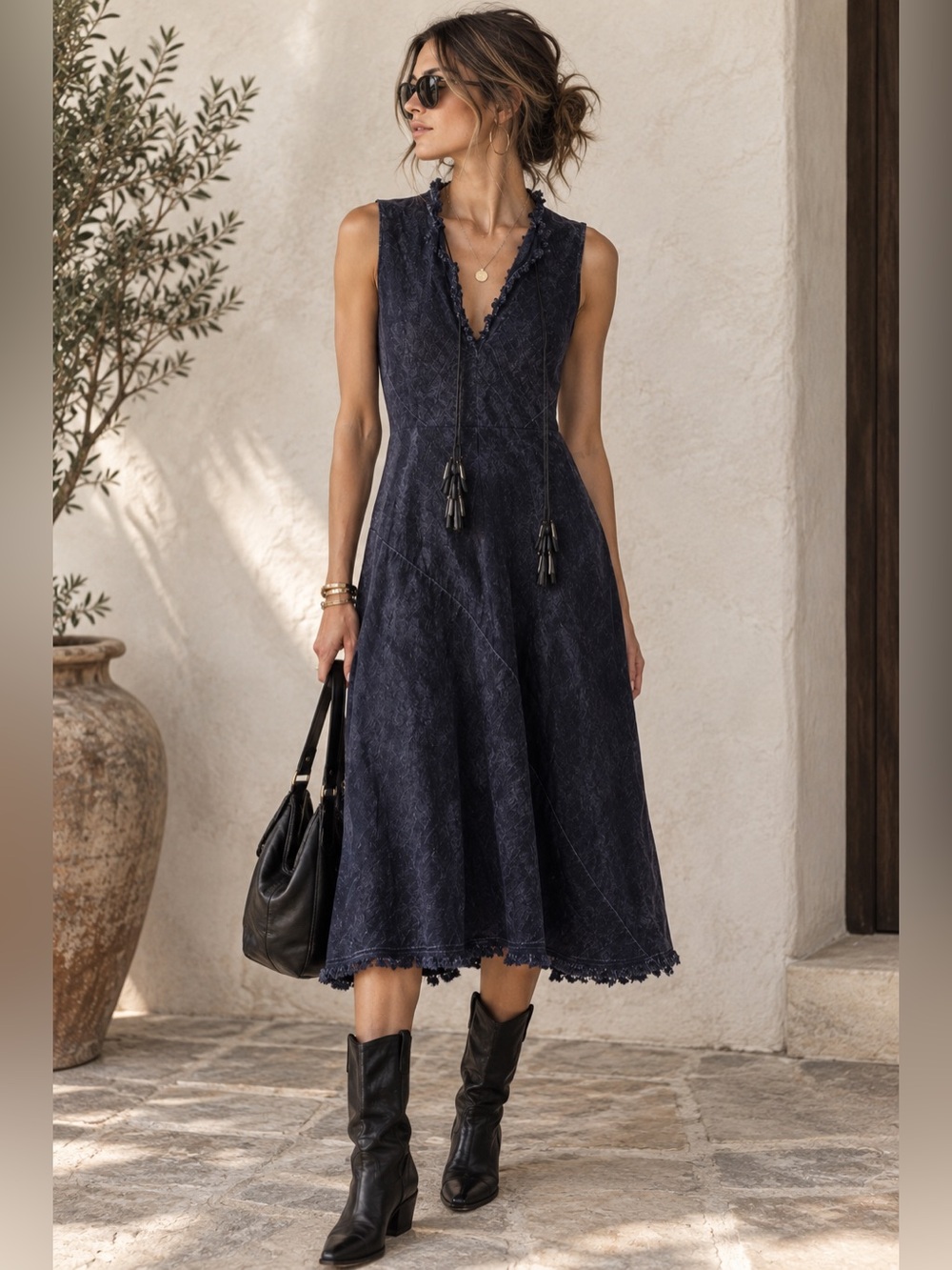 Dorothee Schumacher Denim Blue Linen/Cotton Raw Hem Patchwork Midi Dress size M